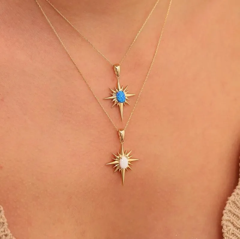 

Fashion Jewelry 18K Gold Plated Stainless Steel Imitated White Blue Opal Beaded Stone North Star Pendant Necklace for Women 2023