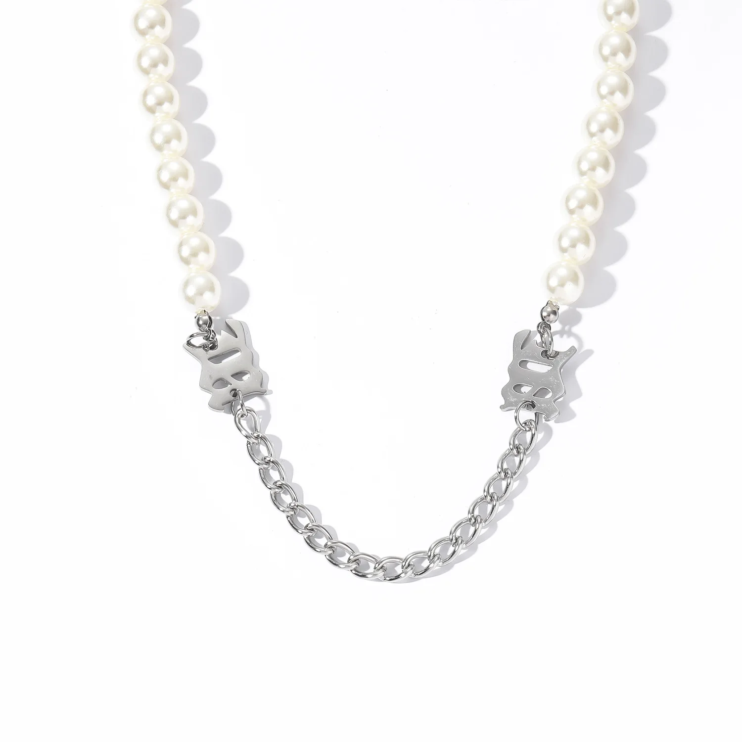 

Hip hop stainless steel letter m clavicle chain pearl necklace men
