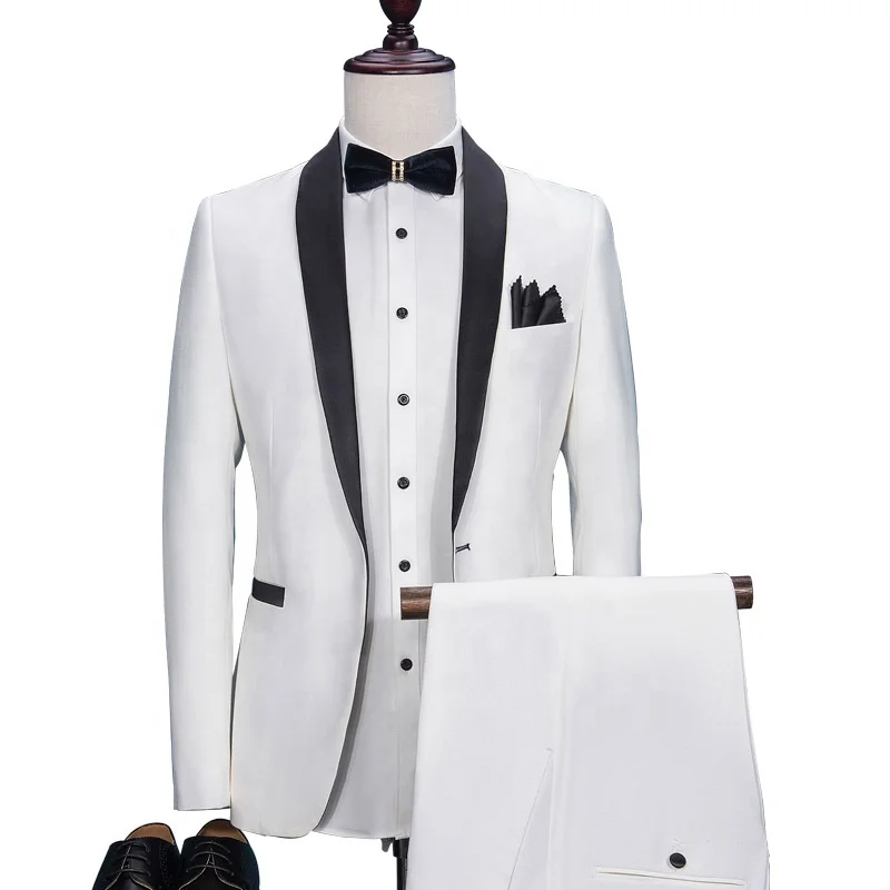 

White And Black Men Suits 2 Pieces Wedding Groom Tuxedo Blazer Jacket Vest Pants, As pic
