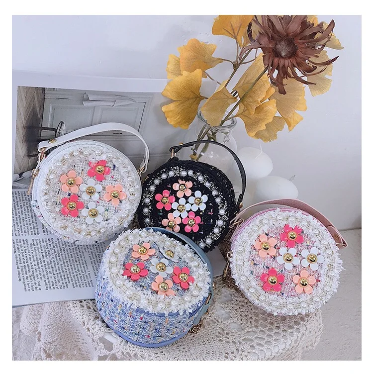 

New fashion toddler girls flower applique Cross-body pearl Crochet bag, Picture shows