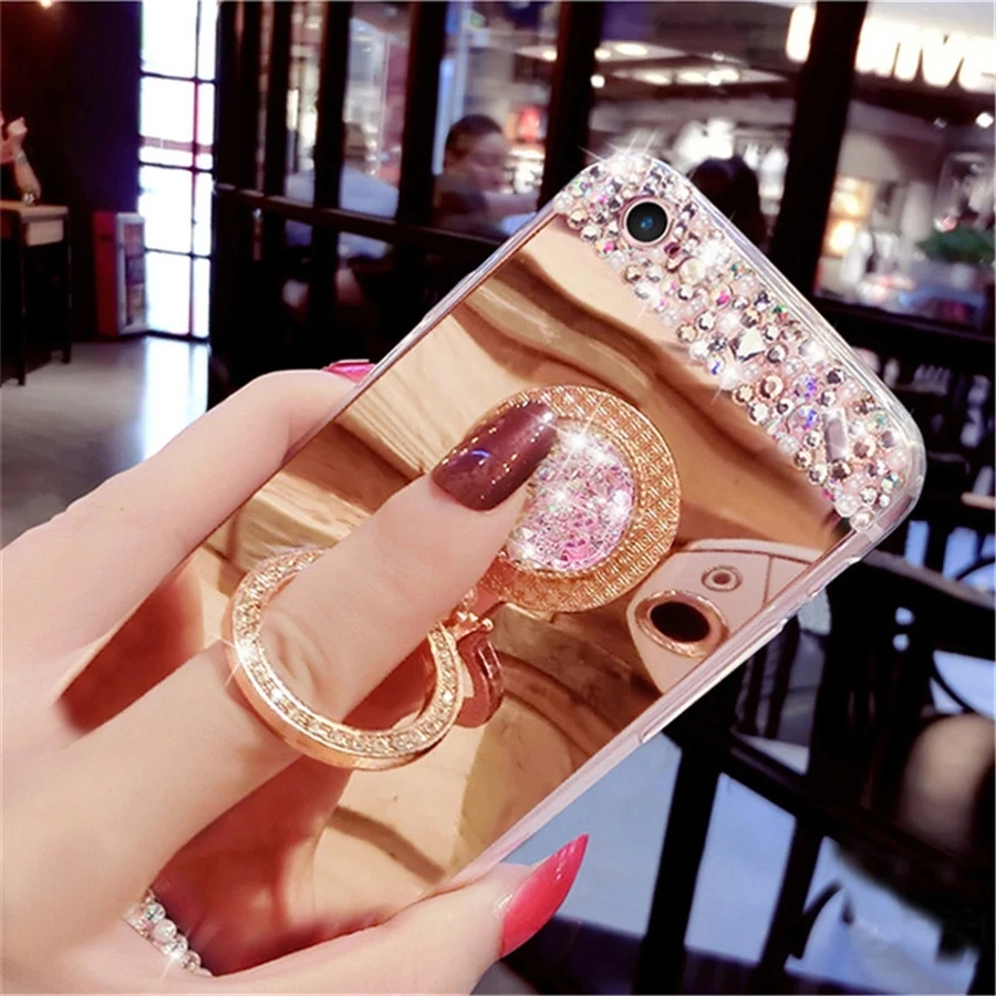 

Luxury Crystal Rhinestone Bling Diamond Mirror Case with ring holder for iphone 7 8 plus 6 s 6s plus iphone XS Max Xr X gold, Attacked pictures