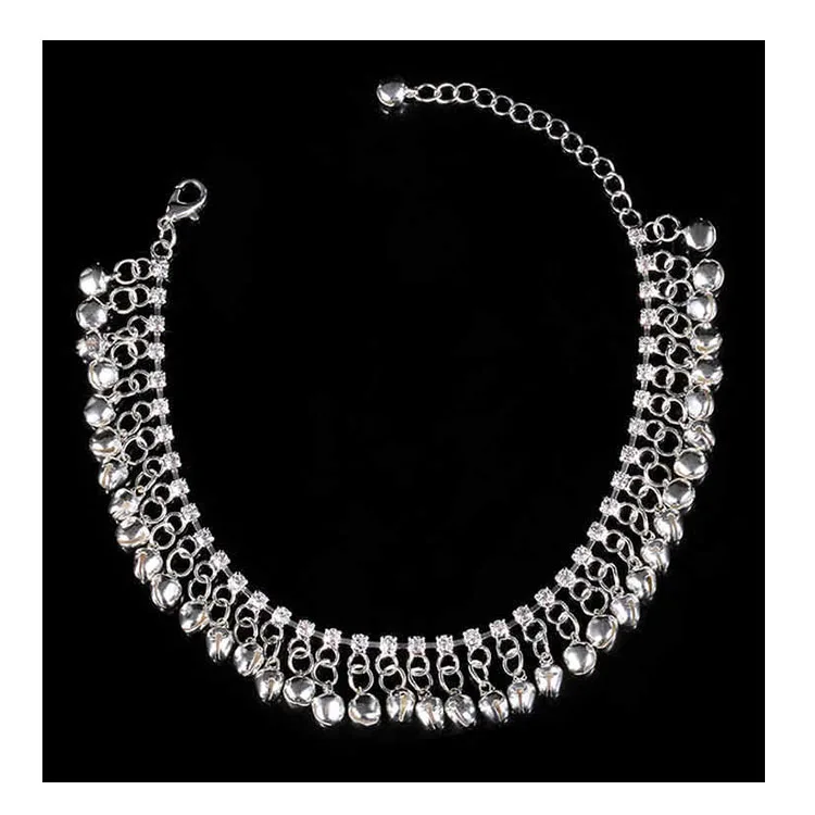 

Fashion gold and silver women boho jewelry fringe tassel rhinestone anklets with bell, Gold/sliver