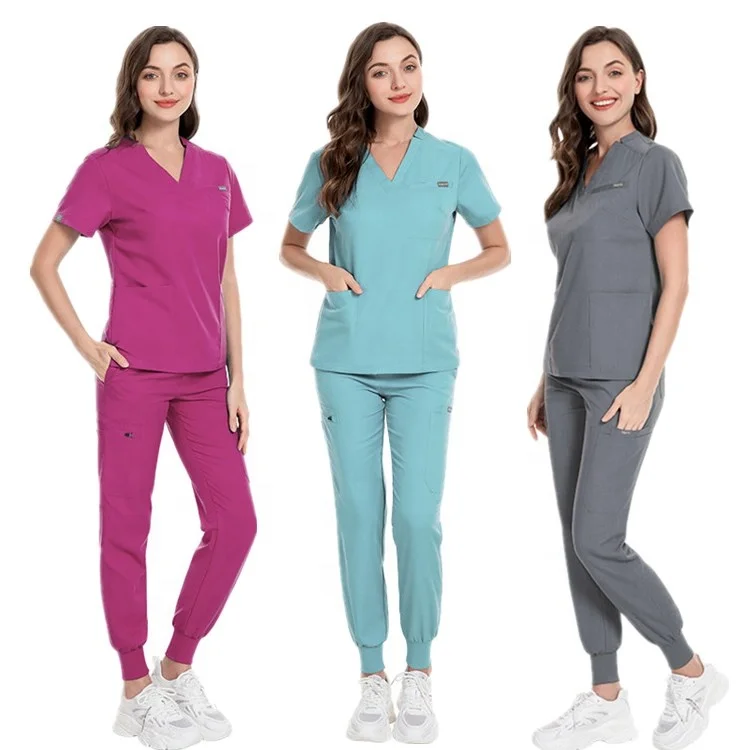 

high quality oem logo custom medical uniform top jogger pants short sleeve hospital doctor nurse v-neck scrubs suit scrubs set