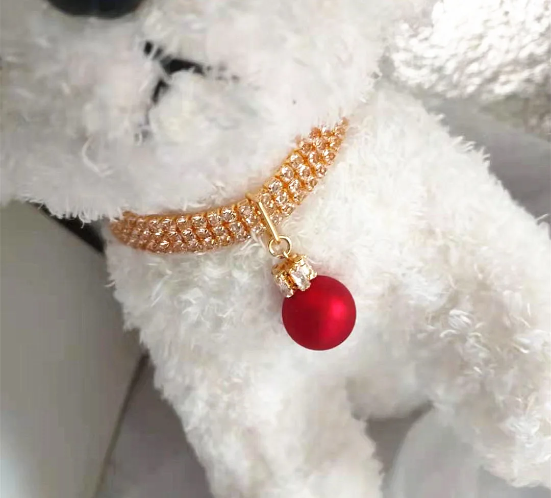 

Direct Selling Three Rows Of Red Fruit Pet Necklace Cat And Dog Supplies Golden Rhinestone Zircon Red Pearl Collar For Pet, Gold,rose gold