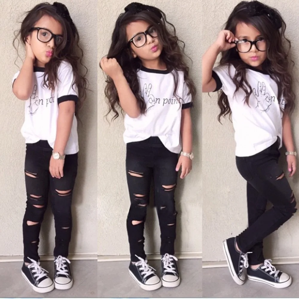 

B21570A Summer girls fashion letters print short sleeved T-shirt + hole pants two set, Picture