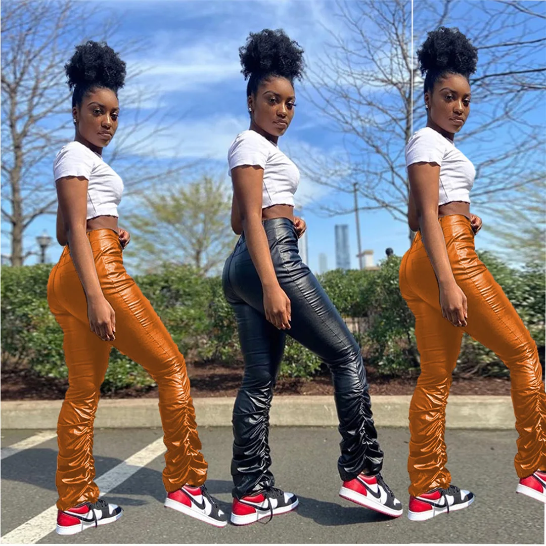 

2021 Hot Sale Imitation leather Plus Size Pants stacked pants plus size With Ruched Sides