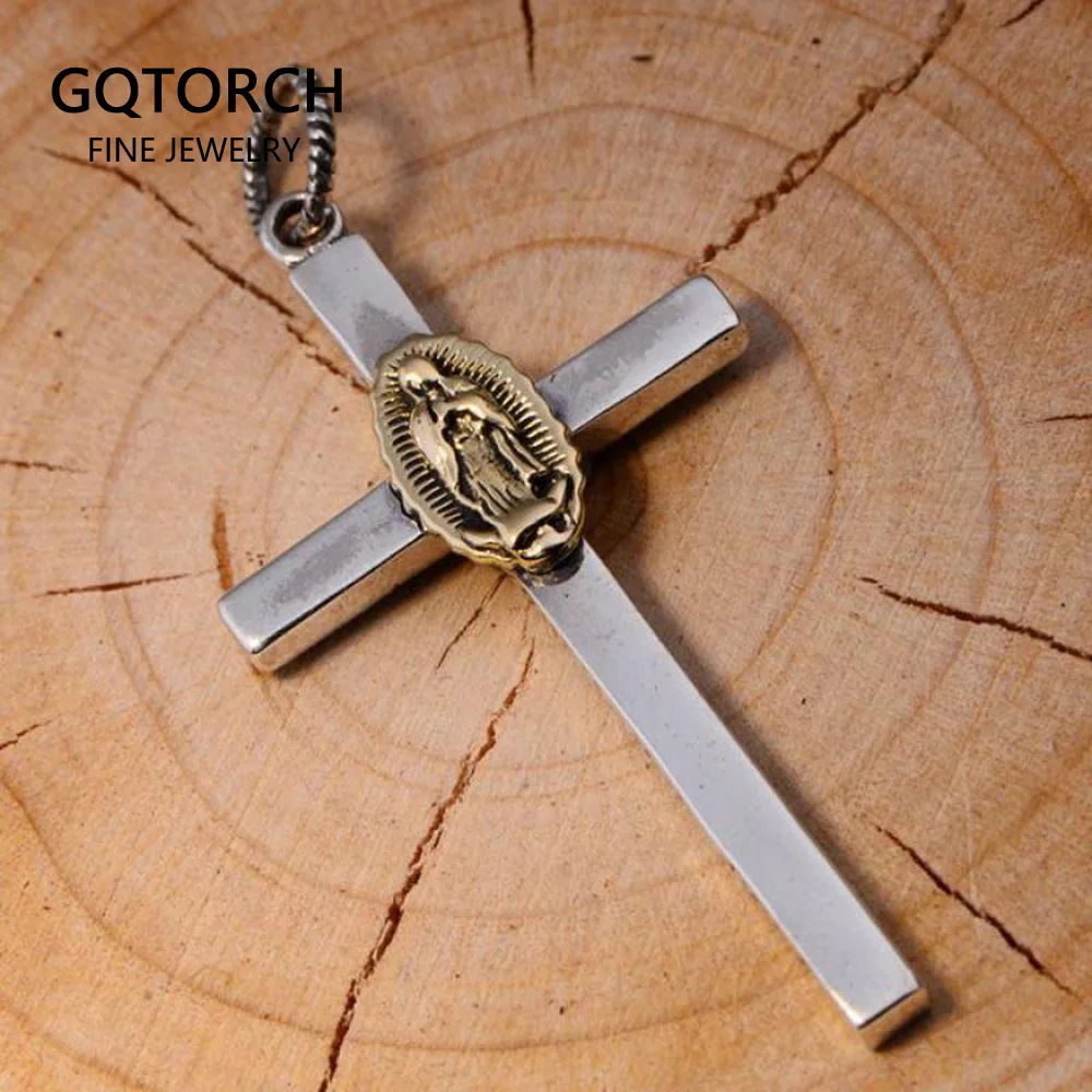 

925 Sterling Silver Cross Pendant Virgin Mary Vintage Thai Silver Inlaid CZ Blue Stone For Men And Women Christian Jewelry