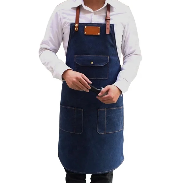 

Coffee Denim Apron With Leather Strap Unisex Adjustable Denim Jean Kitchen Apron With Pockets For Women Men, Can be customized