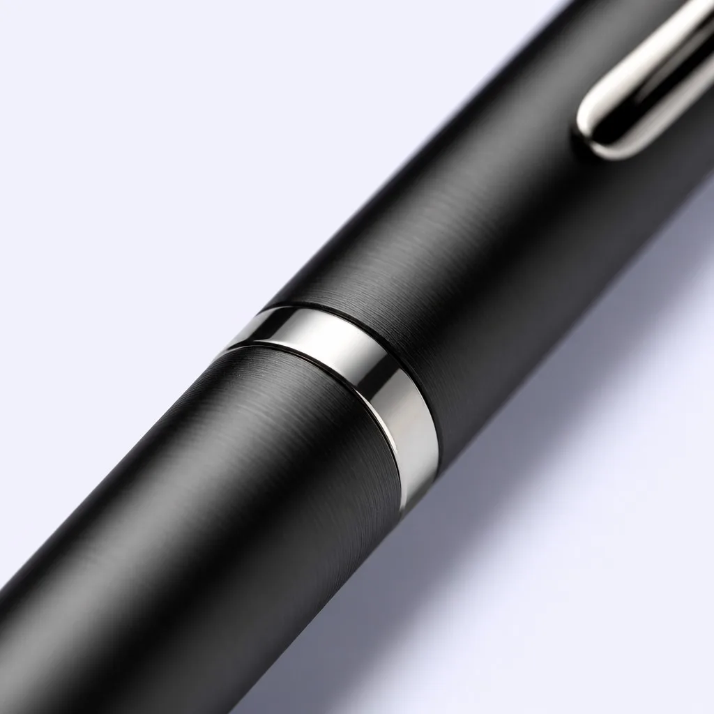 Macro of a brushed metal pen barrel and polished chrome center band