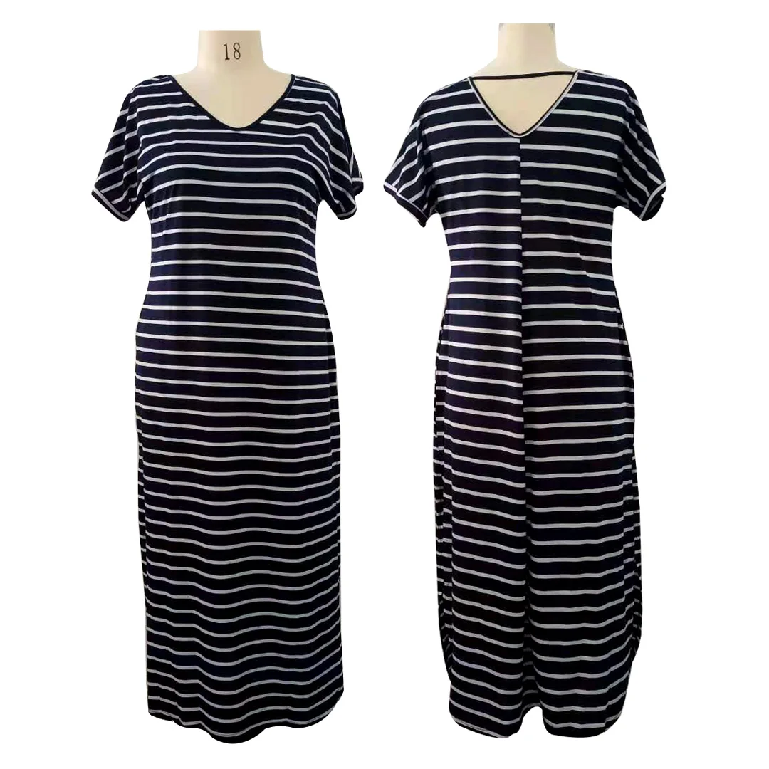 

New Arrival 2021 Spring Summer Loose Casual Short Sleeve Striped Print Dresses Women Maxi Pocket Tee Dress Plus Size Long Skirts, Can be customized