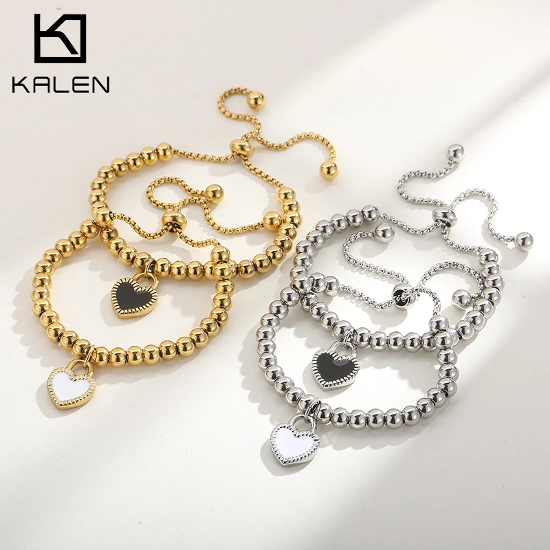 

Kalen Ins Beaded Adjustable Bracelets Women's Stainless Steel Black And White Heart Bangles