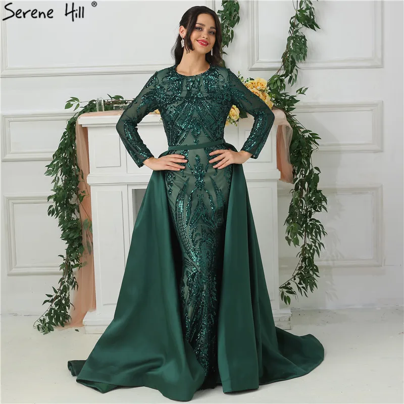 

Serene Hill Wholesale Fashion Sequin Long Sleeves Party Dress Vintage Mermaid Evening Gowns With Detachable Train LA6613