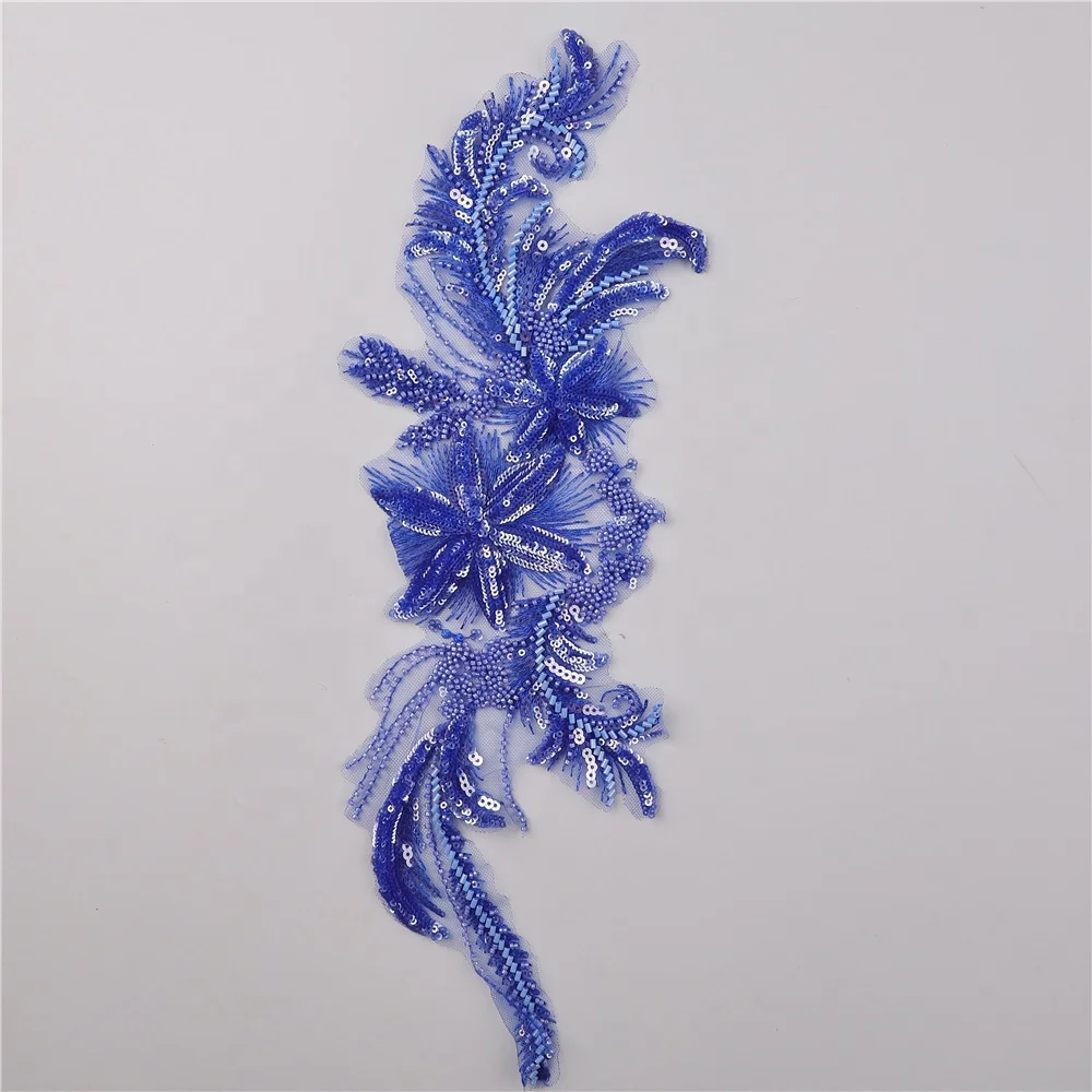 

Newest embroidery sequined royal blue lace breaded applique patch, As pictured