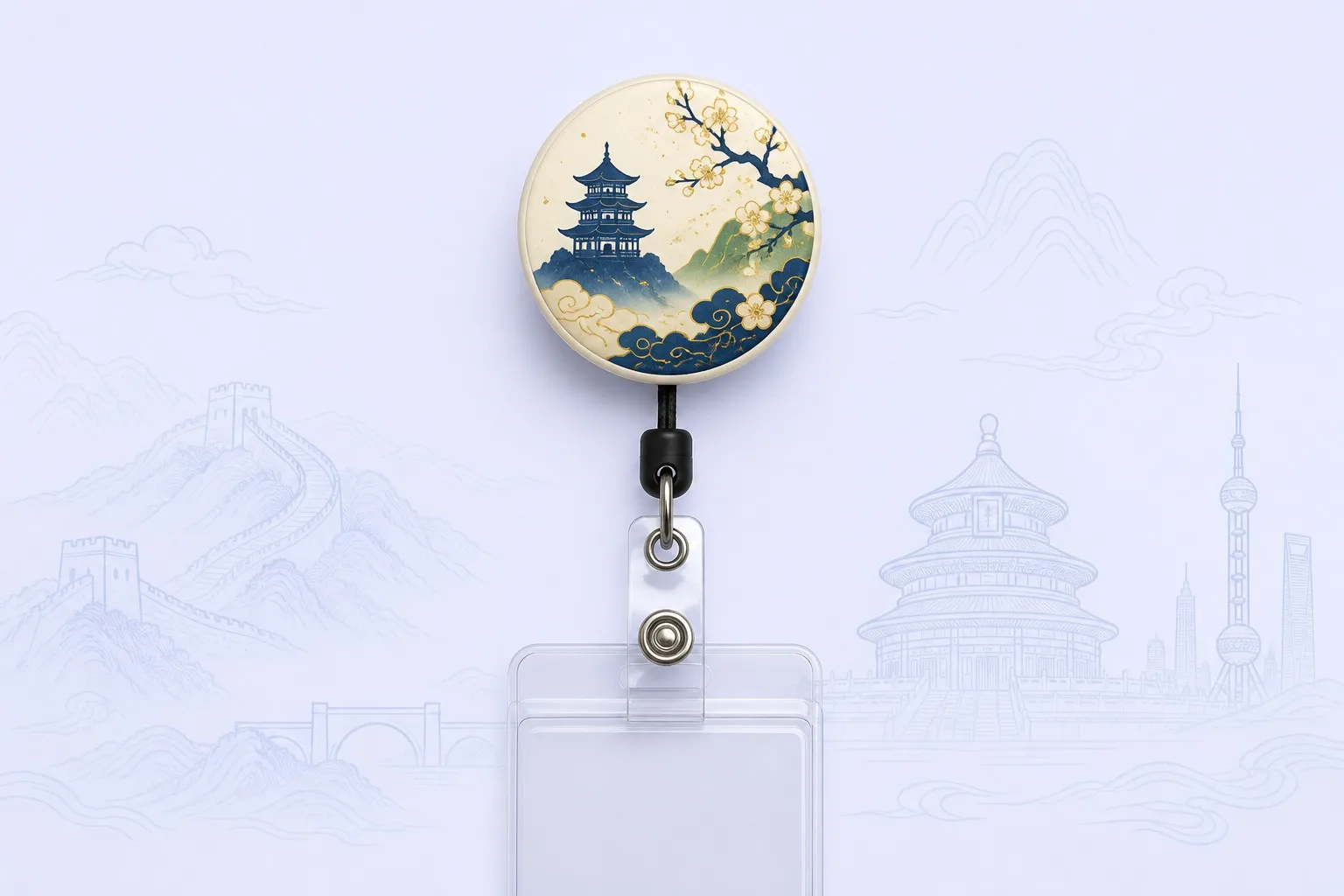 Badge reel with landmark and mountain line-art background