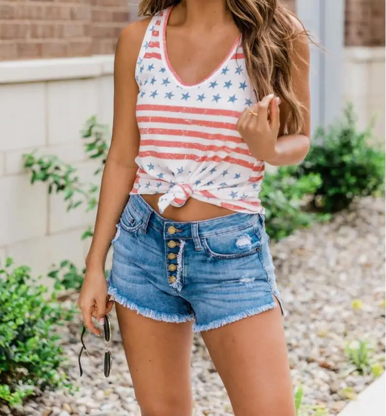 

Wholesale Monogrammed Fashion Plus Size Women Clothing Sleeveless Print Striped Star Tank Top, Picture