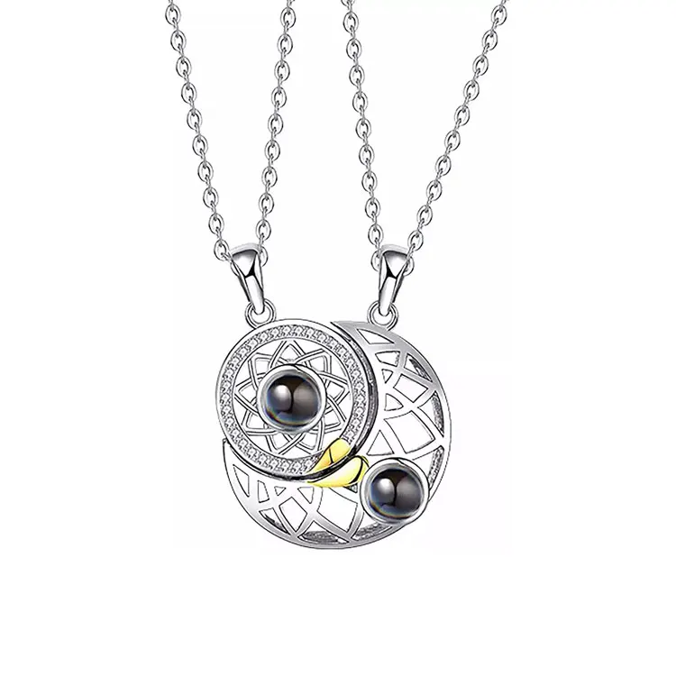 

SC Fashion CZ Diamond Sun Moon Pendant Necklace Personalized Custom 100 Languages Magnetic Matching Couple Necklace for Him Her, Silver
