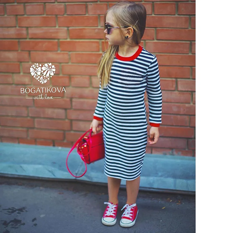 

Maxi Dress Fashion summer dress for girls kids Classic Stripe Kids Clothes Girl A-line Long sleeve shirt Dress, White black