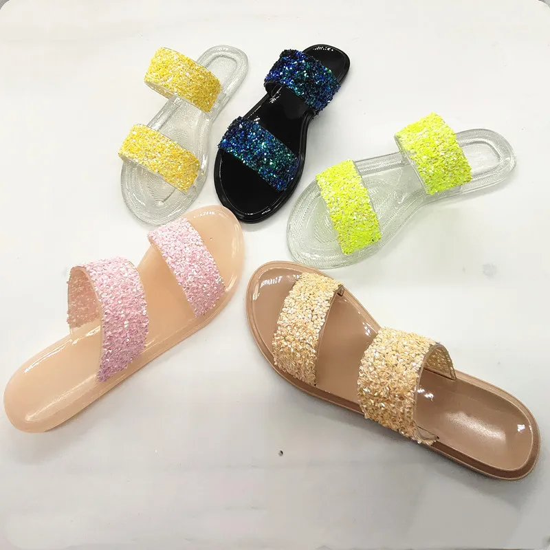 

SD-273 RTS bulk wholesale laser double cross strap sequined beaded double cross strap PVC slipper women beach jelly sandals, Picture show , squine colors