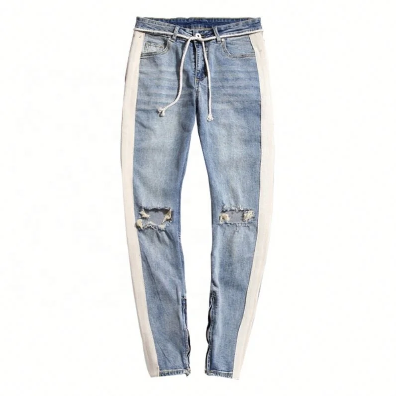 

Jhcentury Hot Sales Ripped Zipper Men Jeans Wholesale, Light blue/black