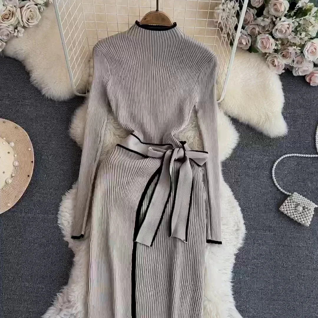 

Autumn and Winter Korean Chic Contrast Long Sleeve Standing Neck Waist Slim Mid length Lace up Wrap Hip Bottom Knit Dress