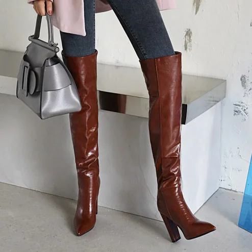 

Reflective High Quality PU Upper Slip-on Big Size 43 Women Over Knee High Boots Chunky Heel Lady Pointed Toe Thigh High Booties, Blue,black,red,grey