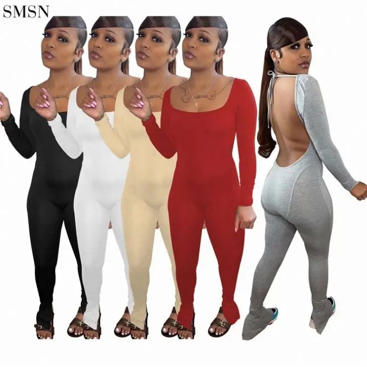 

QUEENMOEN Fall Women Clothing Tight Bandage Sexy Jumpsuits Club Wear Backless Stacked Pants Jumpsuit