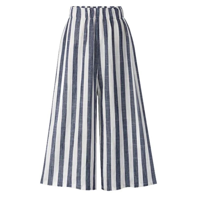 

High Fashion Vertical Stripe Print Side Pockets Wide Leg Pants With Belt, Kahki/black/blue