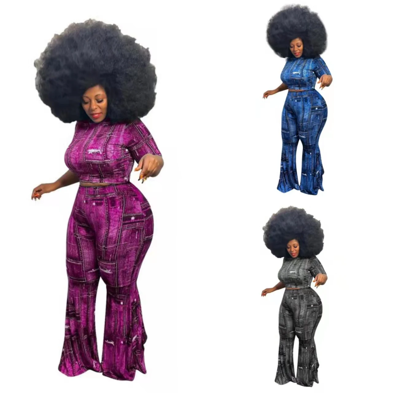 

New summer women clothing short sleeve denim print sexy casual two piece sets womens plus size clothing