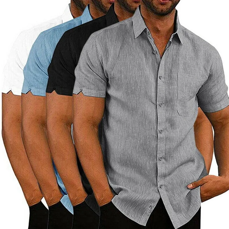 

Men's Shirts Blouse Short Sleeve Men Casual Slim Fit Mandarin Collar Shirts High Quality Summer Beach, As show