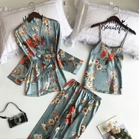 

Pajamas Sets Flower Print Nightwear With Pants Sexy Pijamas Woman Satin Silk Negligee Sleepwear Pyjamas