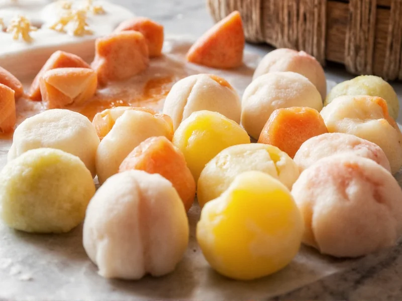Assorted homemade mochi varieties with fruit and bean paste fillings