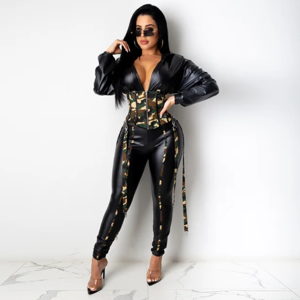 

2021 new women motorcycle clothing v-neck sexy two piece leather pants set woman fashion tight camo leather 2 piece set