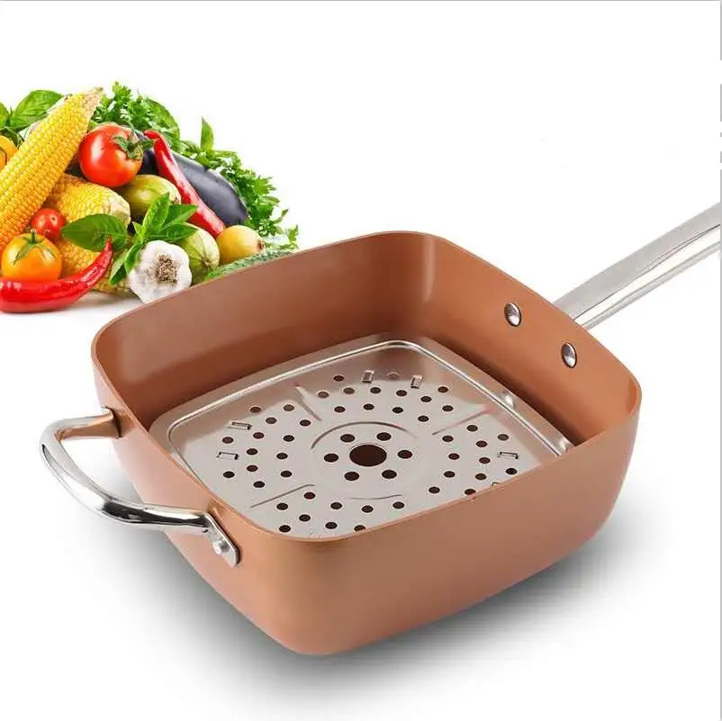 
Copper 9.5 Inch Square Deep Chef Frying Pan With Lid   Skillet with Non Stick Coating Cookware For Saute And Grill  (62451871469)