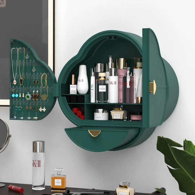 

2021 Hot selling bedroom retro Chinese style cosmetic organization case Multifunctional wall hanging storage makeup jewelry box, Green,pink