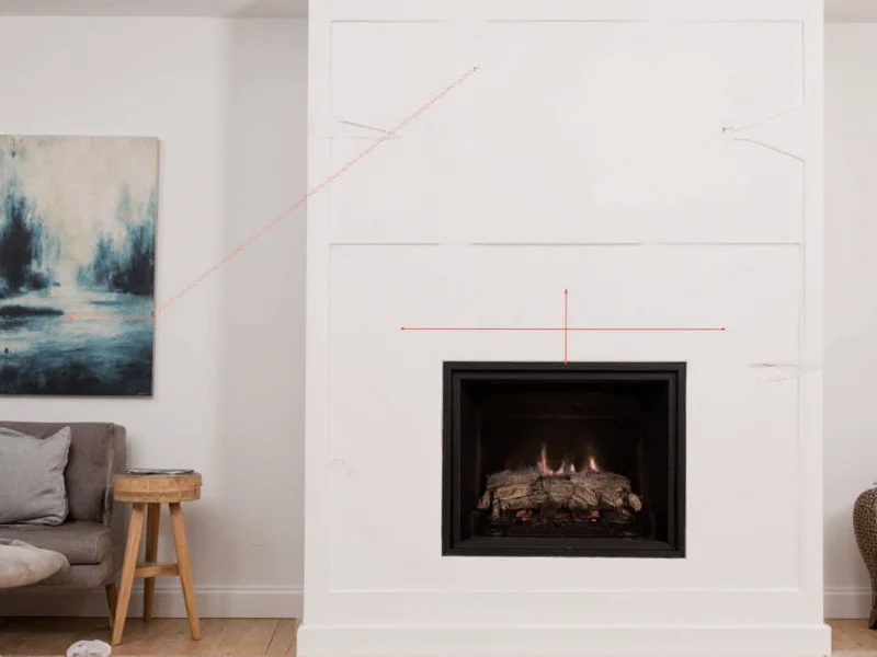 Laser level marking fireplace dimensions on drywall