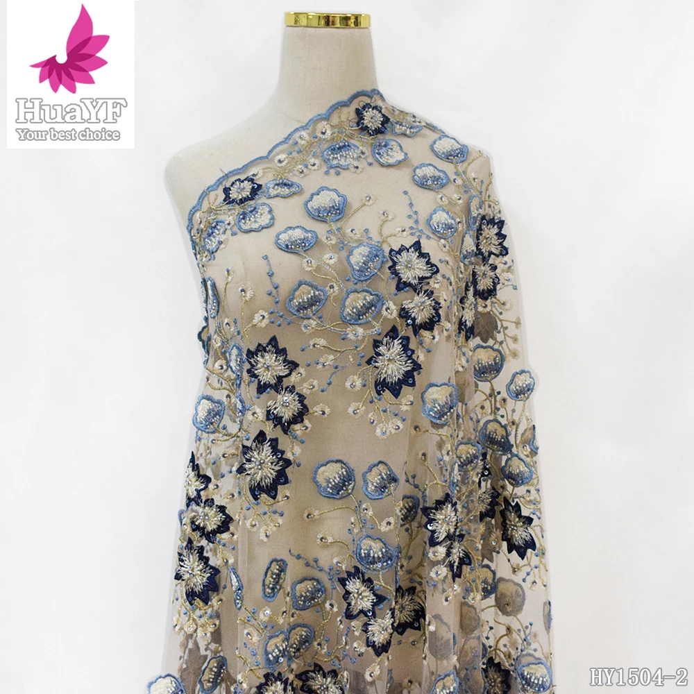 

2021 Good quality heavy handmade beaded embroidered tulle lace beads pearl sequins lace african fabrics HY1504