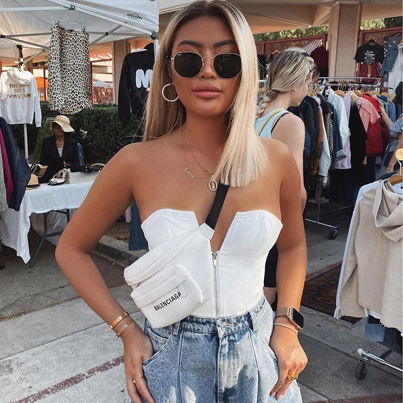 

Women Strapless Boob Tube Tops Backless Fashion Party Casual Zipper irregular Solid Crop Top Tank