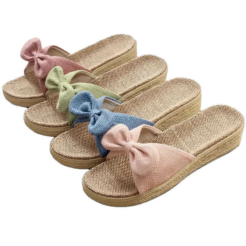 

New high-heeled sandals and slippers home indoor thick-soled wedges linen bowknot ladies slippers, Many colors