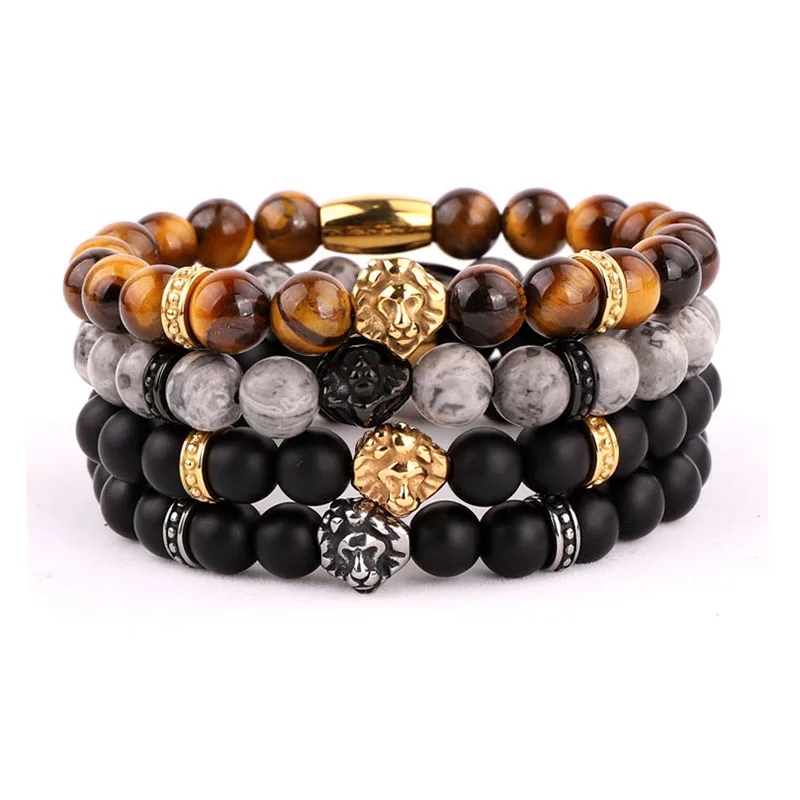 

High Quality 316L Stainless Steel Lion Head Charm Custom Logo Natural Stone Beaded Elastic Bracelet For men