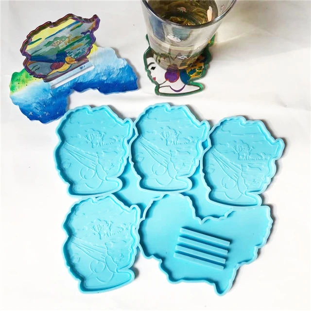 

J030 Free Sample DIY Shiny Afro Women Resin Mold Silicone African Goddess Coaster Mold with Holder Set Of 4, Stock or customized