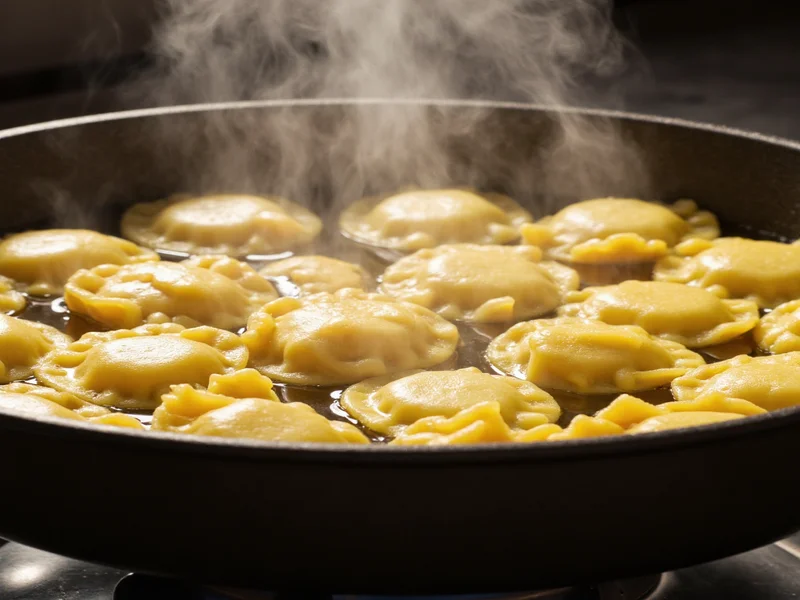 Fresh ravioli floating in boiling water with steam rising