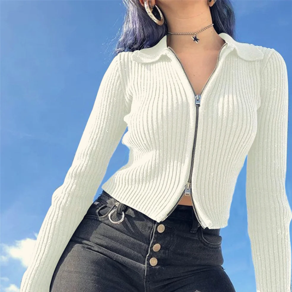 

Spring Women Long Sleeve Plush collar Knitted Sweater Coat Fashion Slim Zipper Solid Office Lady Short Coat Casual Top #0941
