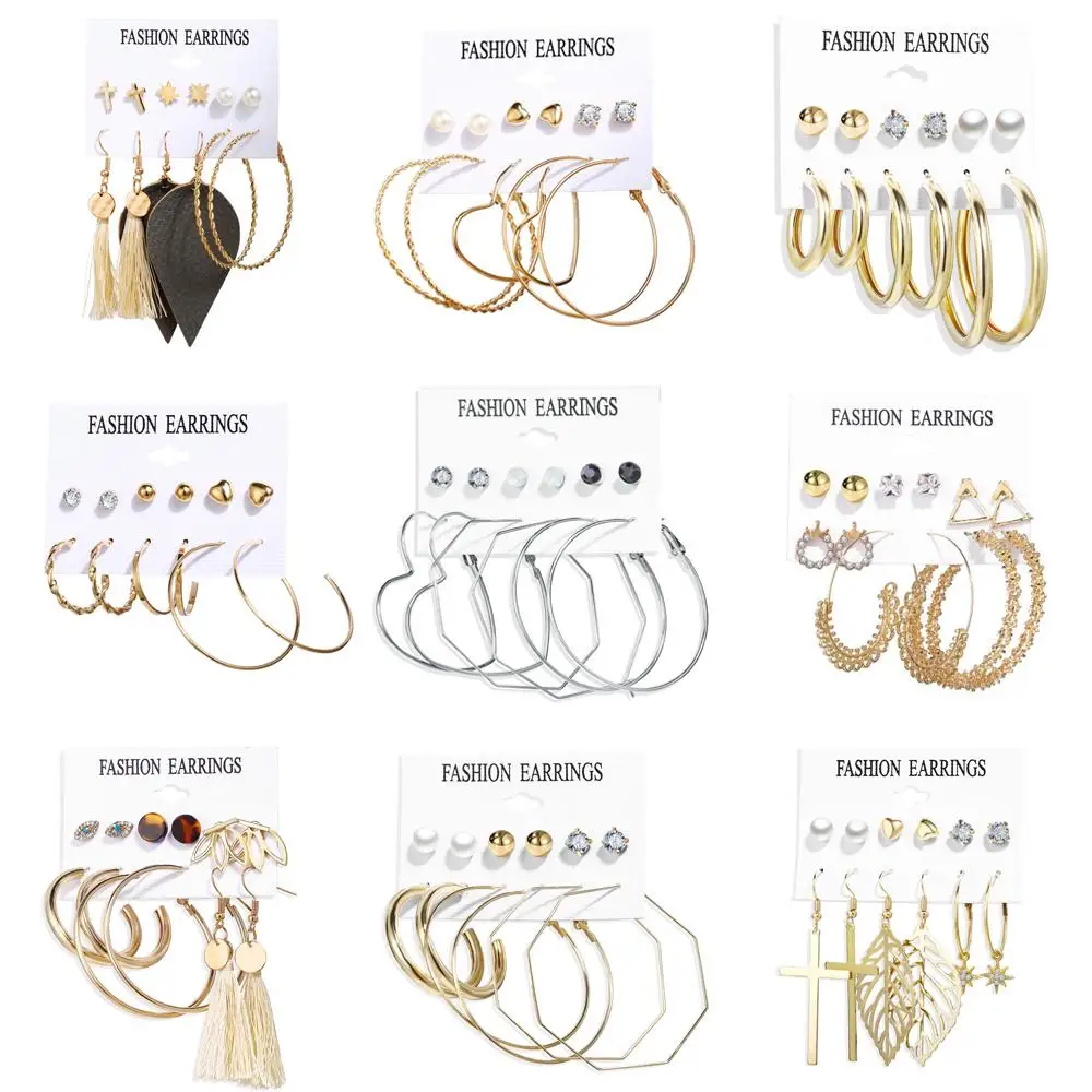 

YICAI Hot Selling Alloy Hoop Stud Earrings Set Jewelry Mixed Designs Leather Tassel Acrylic Resin Pearl Earrings For Women