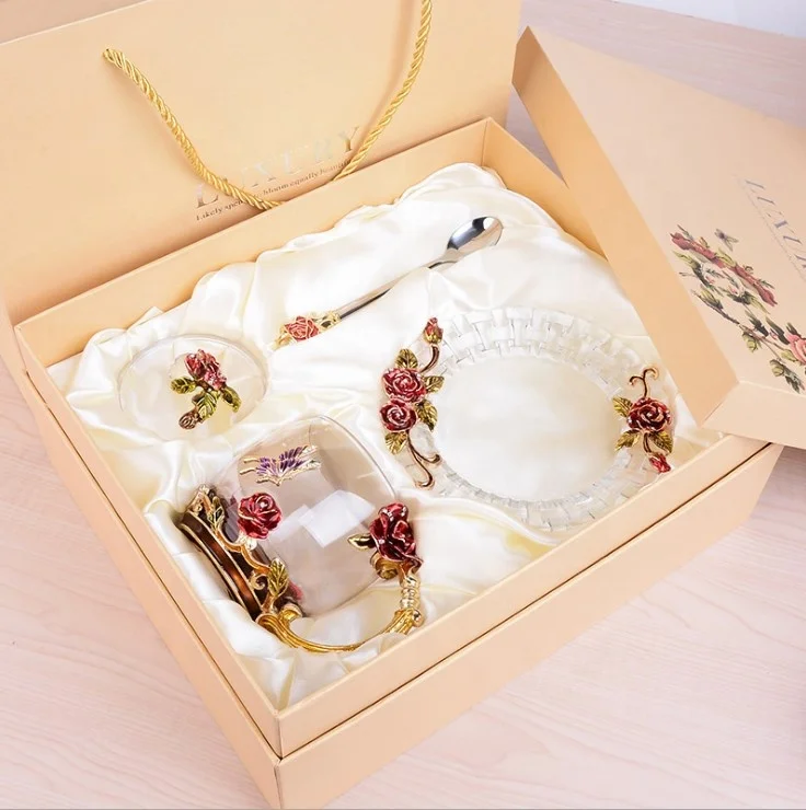 

Luxury tea coffee milk water glass cup Metal Rose Design Gift Home Household