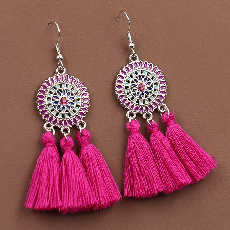 

Flower fabric tassel fringed earrings for women dangling Bohemian ethnic wedding green earring hanging woman