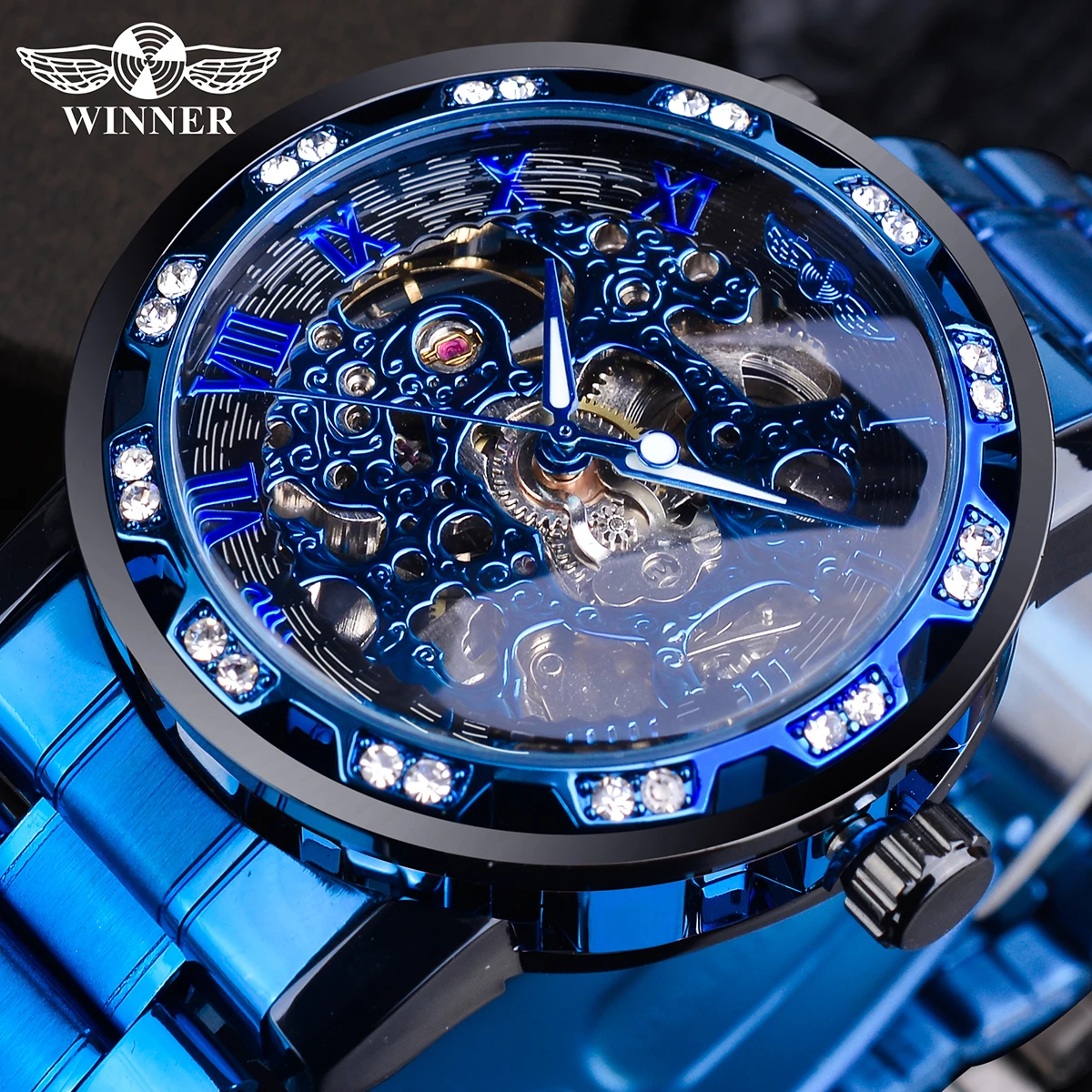 

Top reloj Winner Transparent Diamond Mechanical Watch Stainless Steel Skeleton Clock Luxury Business Luminous Male Wristwatches