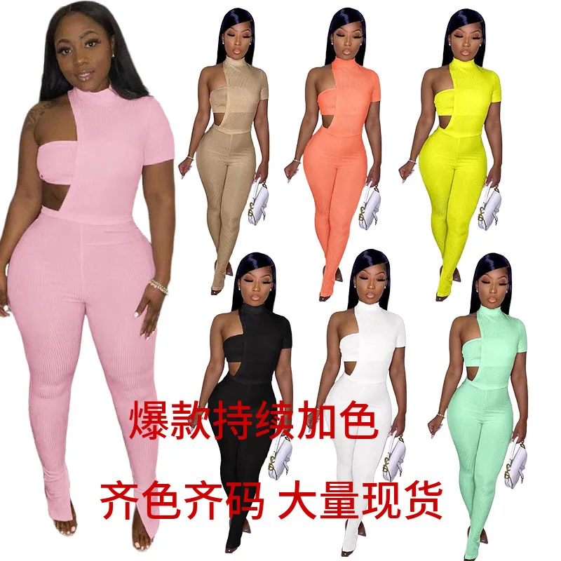 

2021 Spring Women sexy 2 two piece skinny slim set off shoulder leggings outfit clothing street wear for women, 7 colors