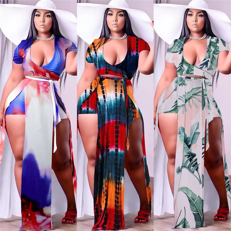 

New Ladies Outfits Crop Tops Culotte 5XL Plus Size Tie Dye Summer Women Two Piece Skirt Set, Picture shown