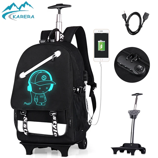 

2019 new wholesale outdoor travelling custom waterproof school backpack bag wheeled trolley backpack with wheels, Black