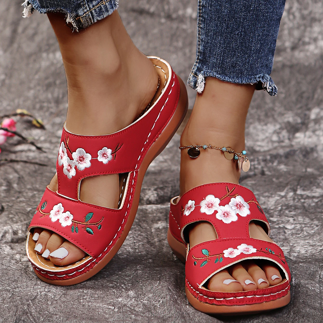 

summer women flower embroidered vintage casual platform wedge sandals ladies pu sandals